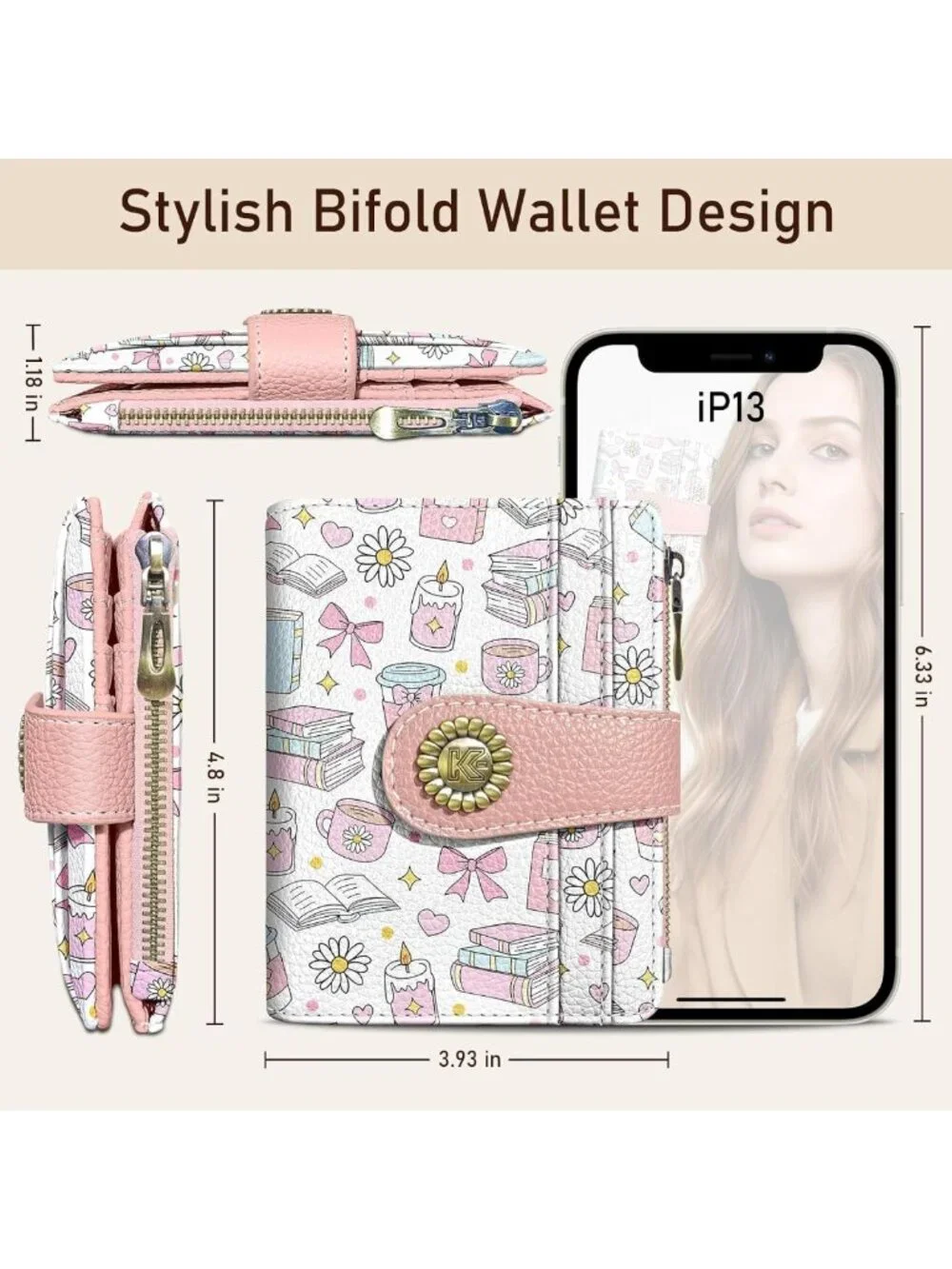 Chic RFID Wallet for Book Lovers | Compact Bifold Zipper Coin Pocket | 10 Card